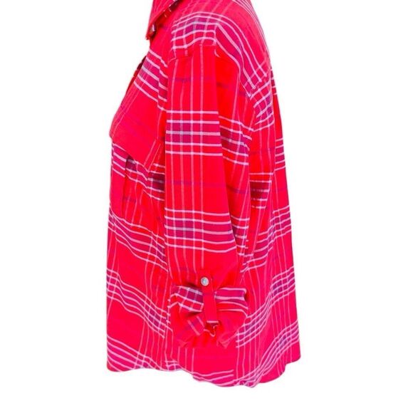 LL Bean cotton blend button front plaid tab sleeve shirt size M. - Picture 5 of 9